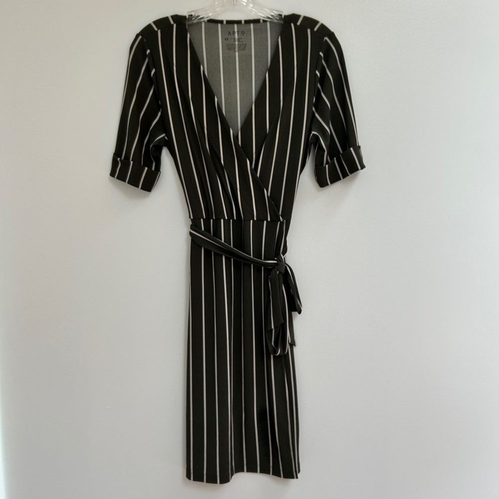 Apt. 9 Olive with White and Yellow Stripe Apt. 9 Faux Wrap Dress XS